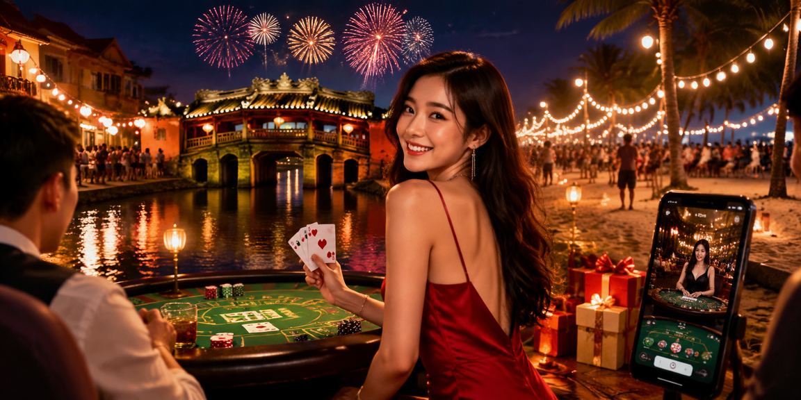 Không khí sôi động tại chợ đêm Hội An kết hợp với trải nghiệm giải trí trực tuyến trên điện thoại