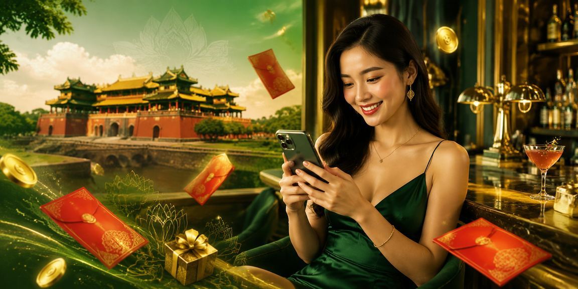 Người mẫu Việt Nam cầm phong bì đỏ bên không khí lễ hội truyền thống tại Huế