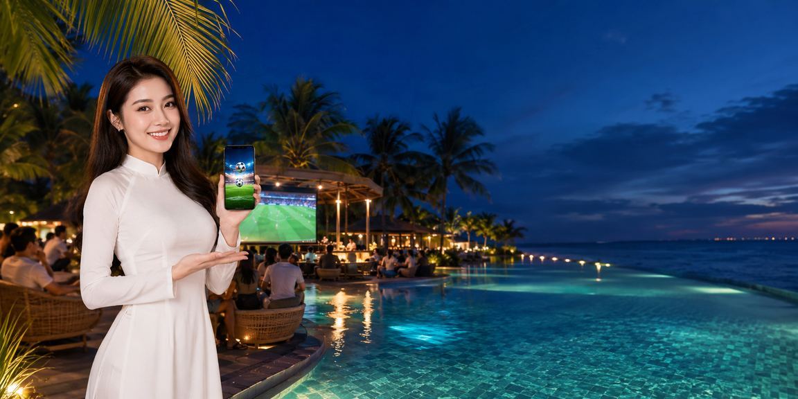 Người phụ nữ mặc áo dài theo dõi kết quả bóng đá và kèo cược tại Mũi Né